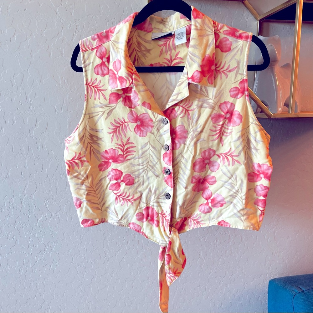 Y2K Fashion Bug Pink Yellow Floral Button Down Crop Top Hawaiian large L